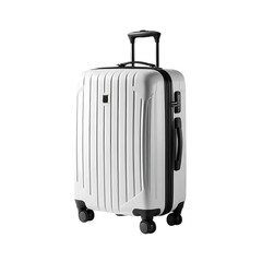 The suitcase is white isolated on transparent or white background, with black trim and has a hard shell with vertical grooves.