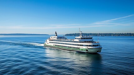 Obraz premium Panoramic view of a passenger ferry crossing calm ocean waters under azure sky