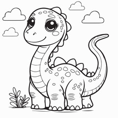 A black-and-white children's coloring book page with a friendly cartoon dinosaur