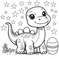 A black-and-white children's coloring book page with a friendly cartoon dinosaur