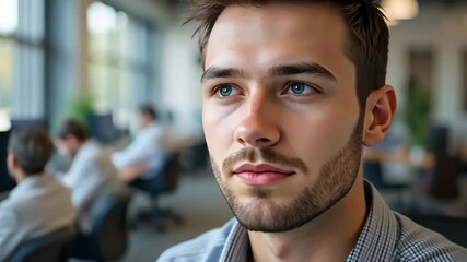 Young man with light beard and blue eyes smiling in modern office environment, colleagues working in background, vibrant atmosphere of productivity