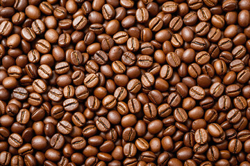 Obraz premium Roasted coffee beans filling the frame completely, photorealistic style, seamless natural background, concept of caffeine and drinks. Ai generative