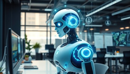 Futuristic android in a high-tech office environment for cutting-edge technology