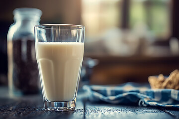 Refreshing glass of milk on wooden table with blurred background in cozy kitchen setting