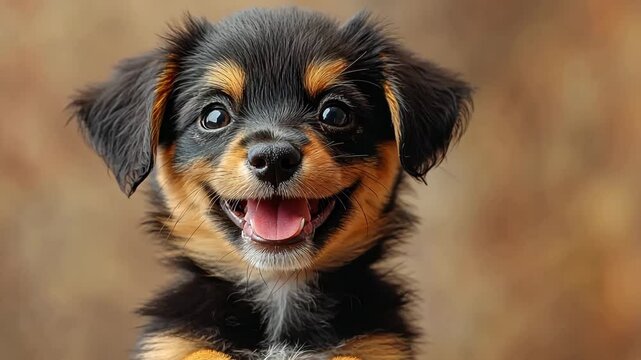 Happy young mixed breed puppy smiles joyfully with bright eyes and a playful demeanor while enjoying the moment