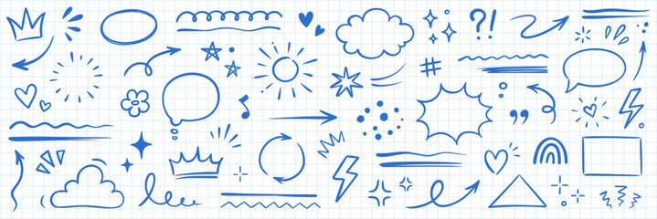 Line hand drawn brush marker arrow, heart, crown element set. Hand drawn sketch marker underline shape, arrow, star scribble brush pen stroke element. Crown, love graphic icon. Vector illustration