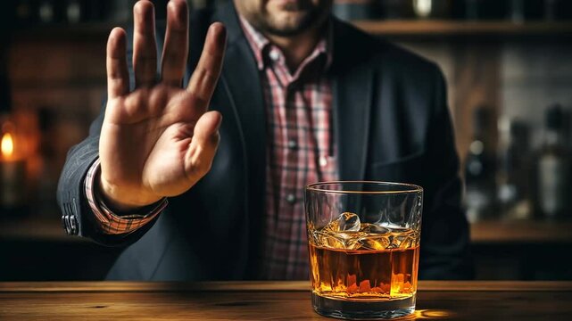Elegant man gestures to decline a drink while seated at a bar, showcasing a moment of self-control and sophistication