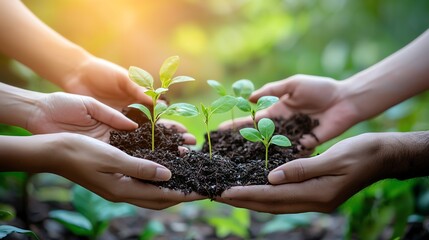Fototapeta premium Hands nurturing small plants in rich soil.