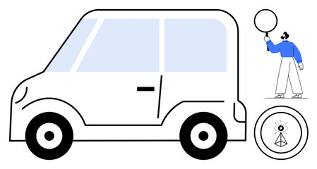 Compact car with large wheels and simple design, figure holding a round balloon, abstract art wheel detail. Ideal for transportation, modern lifestyle, mobility, urban living, innovation, auto