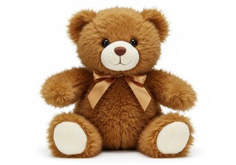 Obraz premium A fluffy brown teddy bear with a ribbon sitting upright on a white background in a studio setting