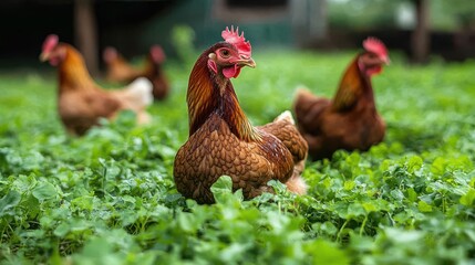 Fototapeta premium farm chickens grazing on lush green grass - stock photo