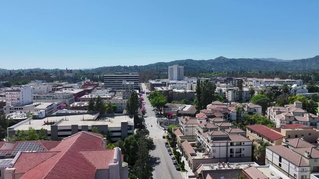 aerial footage of office buildings, apartments and trees in Pasadena California USA