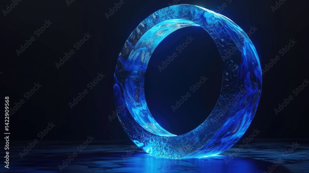 Poster this striking image features a giant circle form illuminated in vibrant blue light. its unique desig