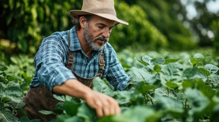 farmer checking soybean plants for optimal growth conditions - image stock