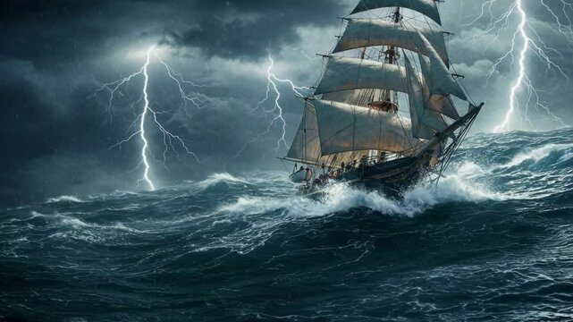 A majestic sailing ship navigates through a violent storm, surrounded by towering waves and illuminated by flashes of lightning. The dark, ominous clouds hang low as the vessel strives to remain