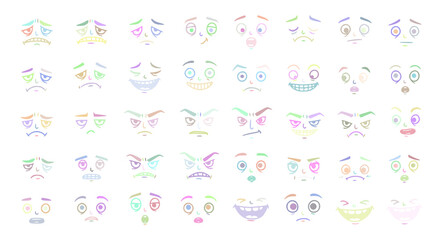 Pastel Cartoon Faces: Diverse Expressions Emojis and Moods Collection