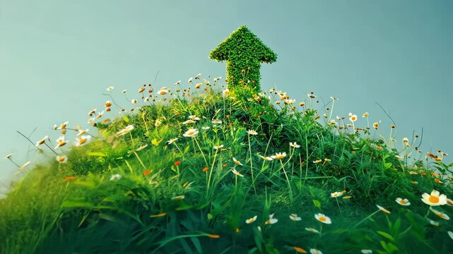 Green arrow made of grass rises amidst blooming flowers symbolizing growth and nature's beauty in a serene landscape