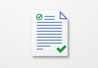 A document with blue lines and green check marks on a white background with folded corner design