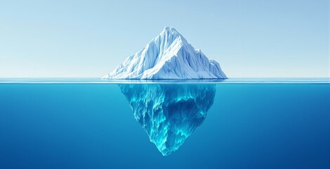 Iceberg floating on ocean with massive submerged part, stylized graphic style, clear sky background, concept of hidden depths. Ai generative
