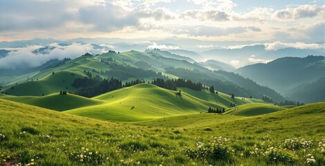 Fototapeta premium Vibrant green hills with wildflowers and pine trees, soft light landscape style, misty layered mountain background, concept of peaceful nature. Ai generative
