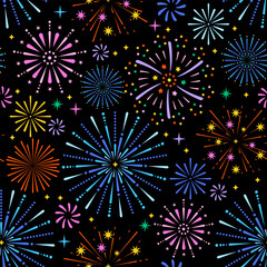 Seamless night sky with colorful fireworks pattern