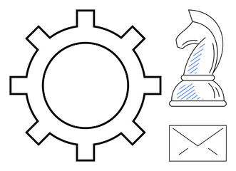 Gear for processes, chess knight for strategy, envelope for communication. Ideal for planning, teamwork, operations, innovation, systems productivity leadership. Flat simple metaphor