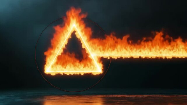 Burning geometric triangle and circle made of fire on dark background