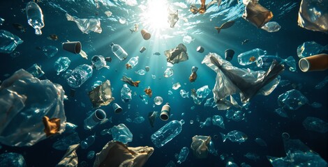 Fototapeta premium Plastic bottles, bags, and cups drifting underwater with sunlight rays and blue ocean background, emphasizing marine pollution and environmental issues. Ai generative