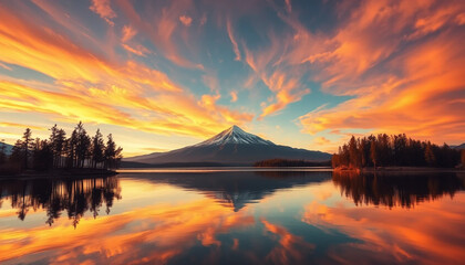 Majestic Mountain Peak Reflecting in Lake at Sunset with Vibrant Sky