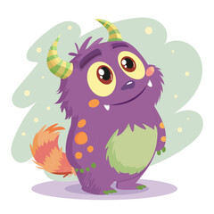 A cute purple monster with green horns, big eyes, and an orange tail. The background is light green with abstract spots. Theme: children's fantasy, cartoon, friendly character.