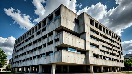 Brutalist Concrete Building with Dramatic Shadows