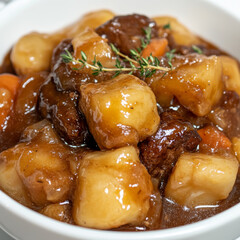 Savory beef stew with tender chunks of beef, potatoes, and carrots in rich, flavorful sauce, garnished with fresh thyme in white bowl