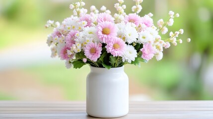 Fototapeta premium Delicate bouquet of pink and white flowers in a simple white vase