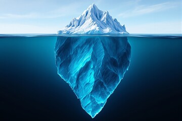 Giant iceberg with visible underwater mass, digital art style, isolated on calm sea background, concept of hidden depth or unseen truth. Ai generative