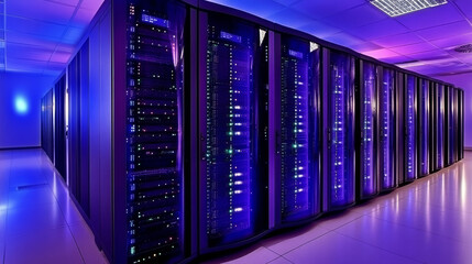 modern server farm with rows of illuminated servers in dimly lit room, showcasing advanced technology and infrastructure. blue and purple lighting creates futuristic ambiance