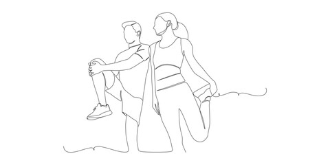 One Line Drawing of Couple Stretching Before Workout

