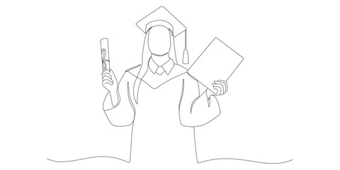 One Line Drawing of Female Graduate Holding Diploma and Certificate

