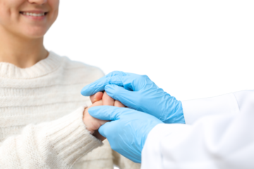 A nurse gently holds a patient's hand, showcasing care and dedication, isolated on white, PNG