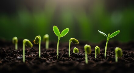 Fresh Seedlings Growing in Dark Soil Against a Green Background  