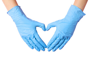 Blue gloved hands create a heart symbol to honor nurses on their day, isolated on white, PNG