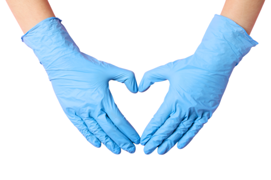 Blue gloved hands create a heart symbol to honor nurses on their day, isolated on white, PNG