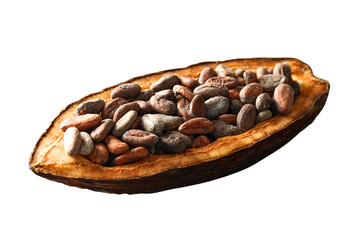Cacao pod filled with various cocoa beans isolated on a white background, perfect for food styling, isolated on white, PNG