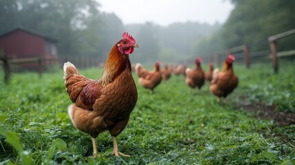 Fototapeta premium flock of chickens grazing on the grass free range chickens on farm - image for design