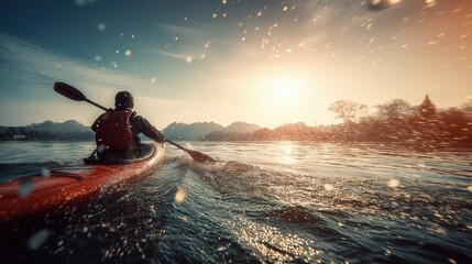 Adventurous kayaker paddling across shimmering waters at sunset  