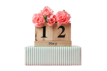 Floral arrangement with a wooden calendar highlighting May 12, isolated on white, PNG