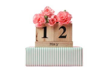 Floral arrangement with a wooden calendar highlighting May 12, isolated on white, PNG