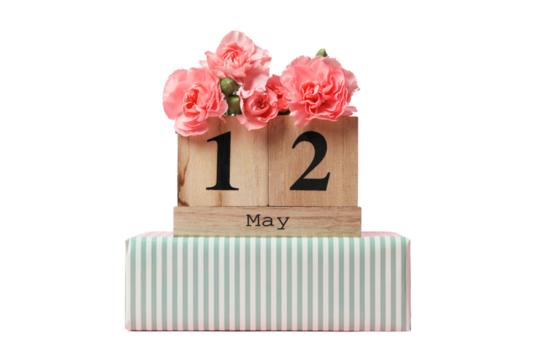 Floral arrangement with a wooden calendar highlighting May 12, isolated on white, PNG