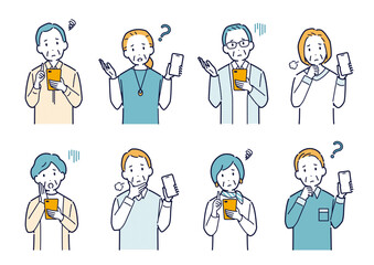 スマホを持って暗い表情をする高齢者のイラストセット