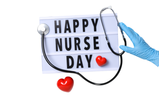 Greeting card celebrating Nurse Day with medical elements and hearts, isolated on white, PNG