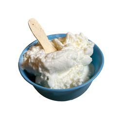 Creamy Vanilla Ice Cream in Blue Bowl with Wooden Spoon